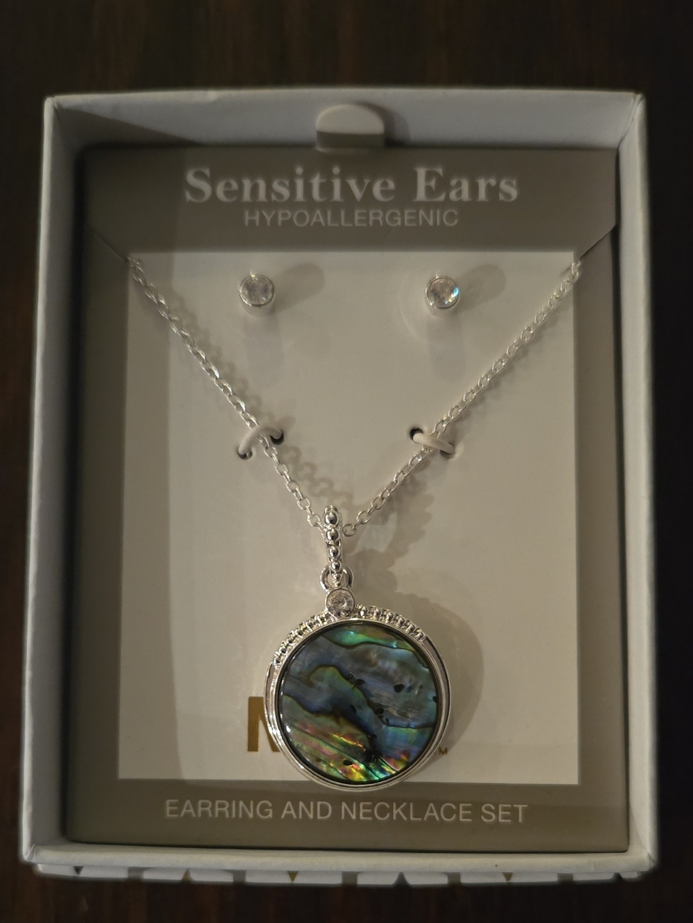 Hypoallergenic Abalone Shell Pendant Necklace and Stud Earring Set - Silver Tone